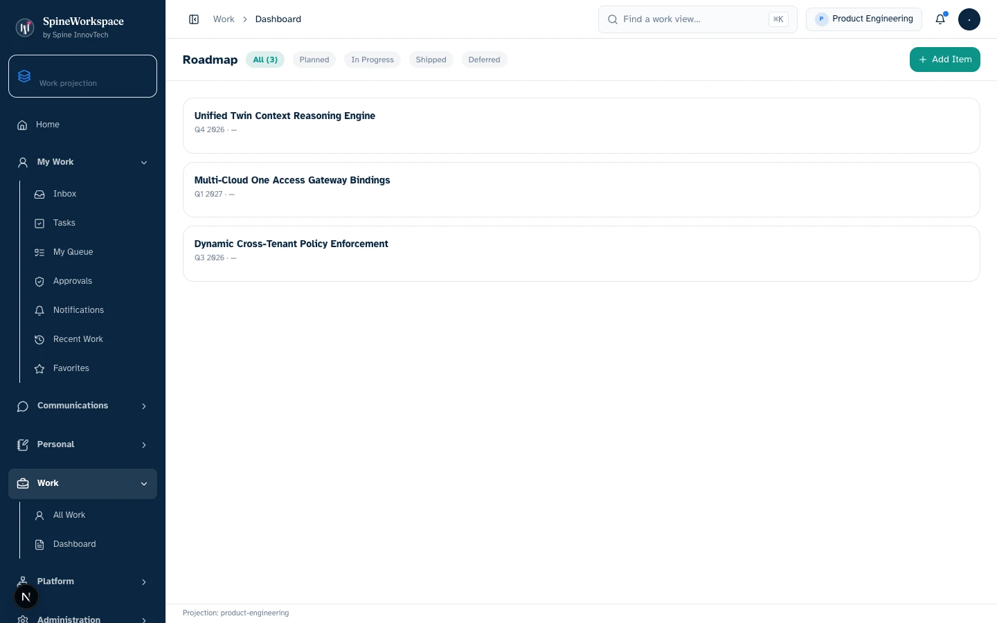 Authentic Product Roadmap view showing demonstration initiatives (Unified Twin Reasoning, Multi-Cloud Gateway, Policy Enforcement) with quarter timelines.